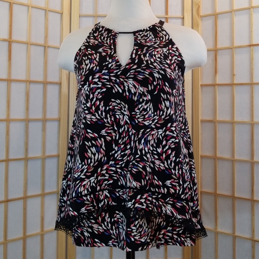 White House Black Market XS Sleeveless Dotted Halter Tank Multicolor Lace Trim